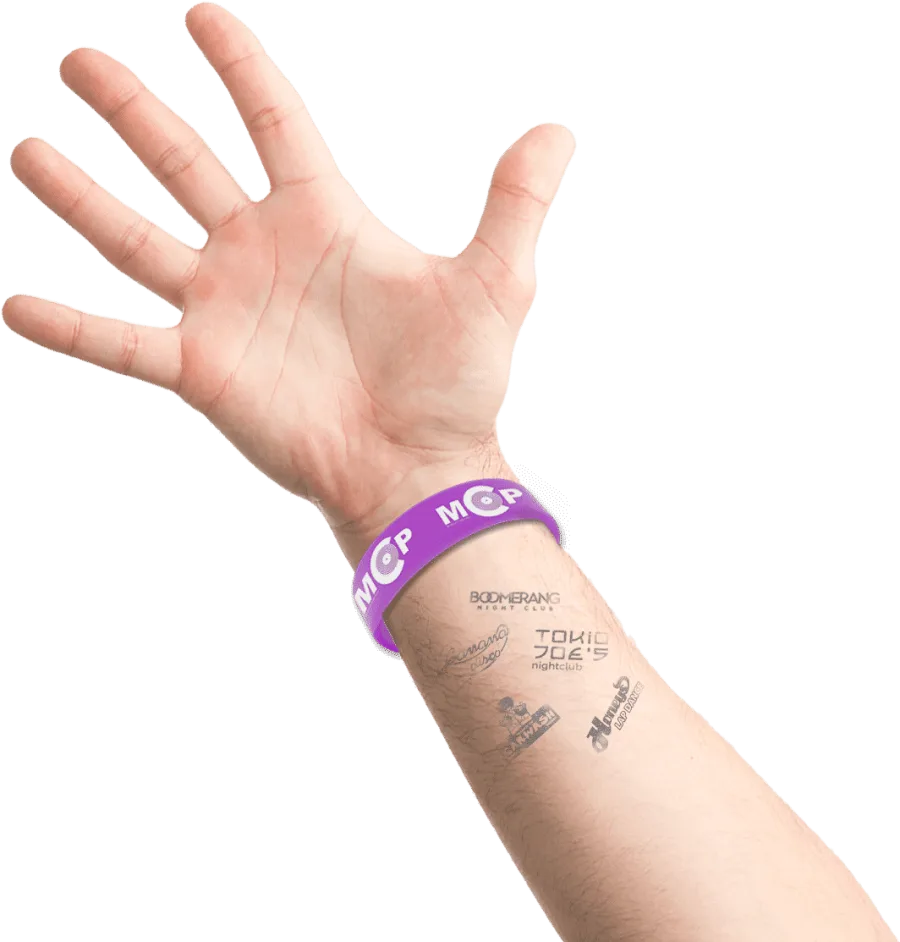 The purple MCP smart wristband on a wrist